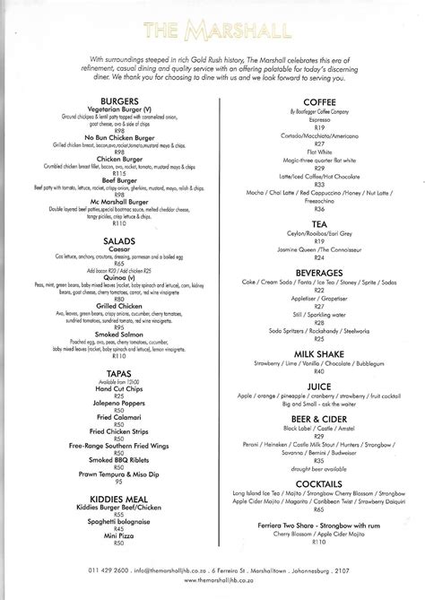 Menu at The Marshall restaurant, Johannesburg