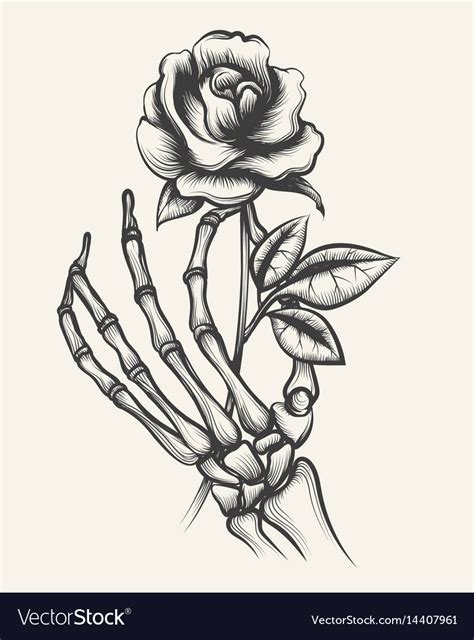 Handdrawn Skeleton Bones Hand With Rose Flower Engraved Vector