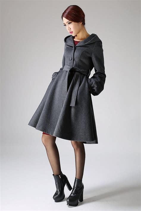 Hooded Swing Coat Winter Wool Gray Women A Line Shape By Xiaolizi