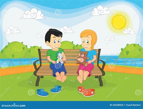 Kids Sitting On Bench Illustration Stock Vector Illustration Of