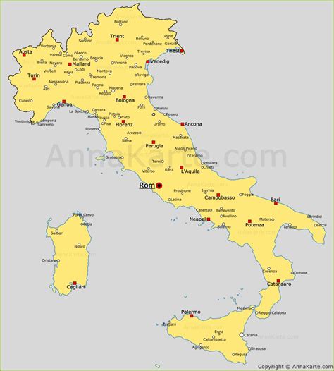 Die hauptstadt von rom zieht besucher wegen seiner weltberühmten antiquitäten an, die über die stadt verstreut sind. Die Städte von Italien auf der Karte - AnnaKarte.com