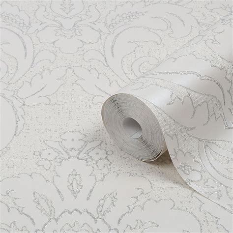 Goodhome Gavre White Damask Silver Glitter Effect Wallpaper Diy At B