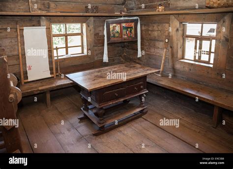 Interior Of Old Rural Wooden House In The Museum Of Wooden Architecture