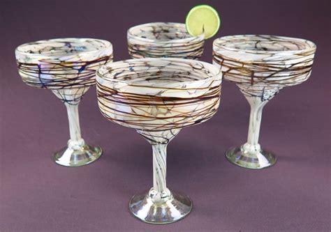 Mexican Margarita Glass White With Iridescent Chocolate Swirls 14 Oz Set Of 4