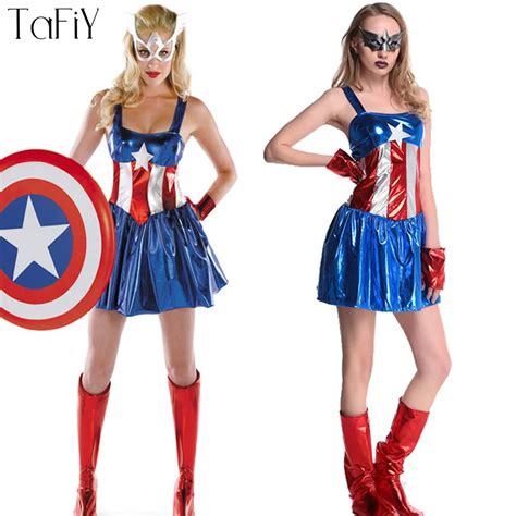 Tafiy Women Halloween Carnival Cosplay Costume Dress Sexy Captain America Costume Movie Avengers