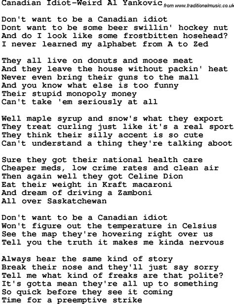 Novelty Song Canadian Idiot Weird Al Yankovic Lyrics