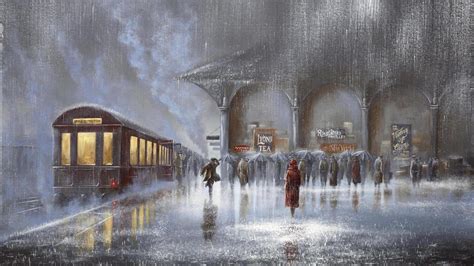 Rainy Day Beautiful Painting People In The Rain Station Wallpaper