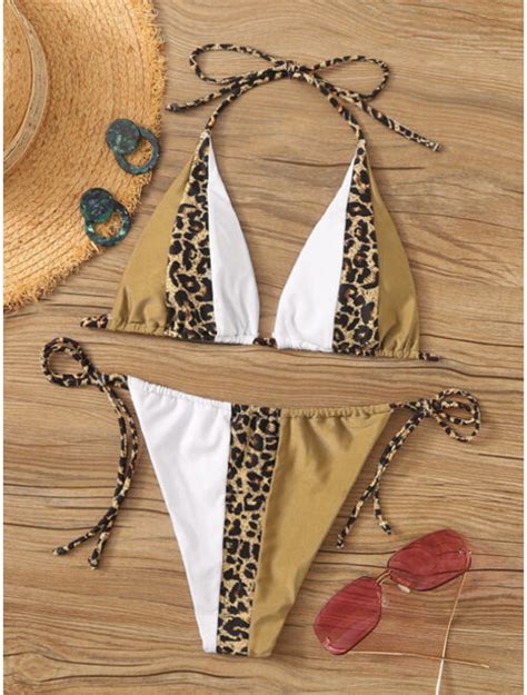 Buy Contrast Leopard Halter Top With Tie Side Bikini Set Online