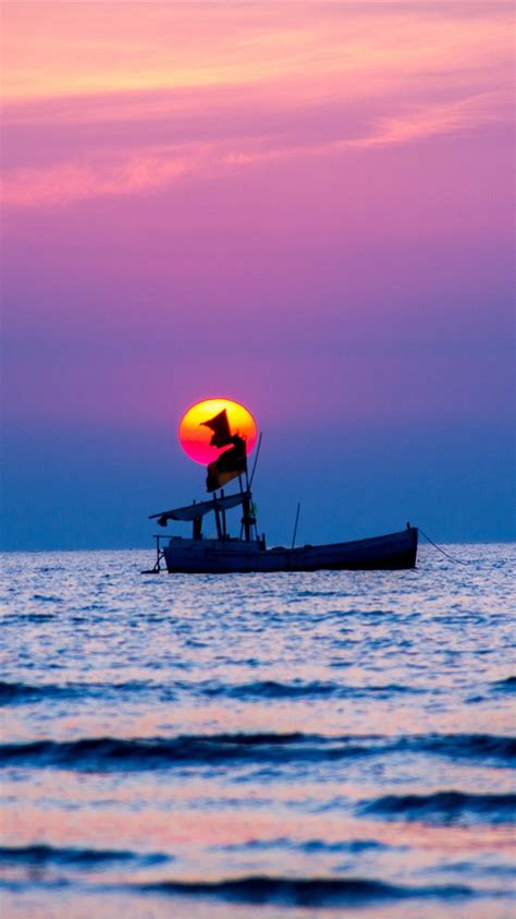 One Boat Sea Sunset 1080x1920 Iphone 8766s Plus Wallpaper