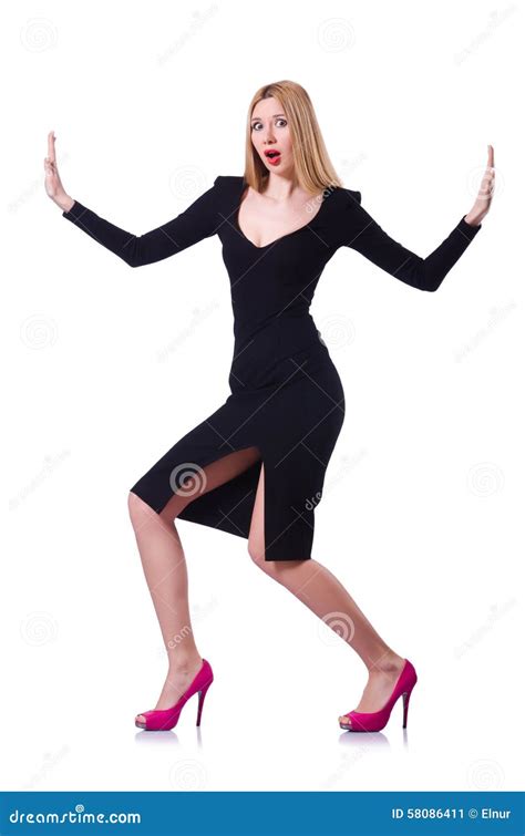 Young Blonde Girl In Black Dress Pushing Isolated Stock Image Image