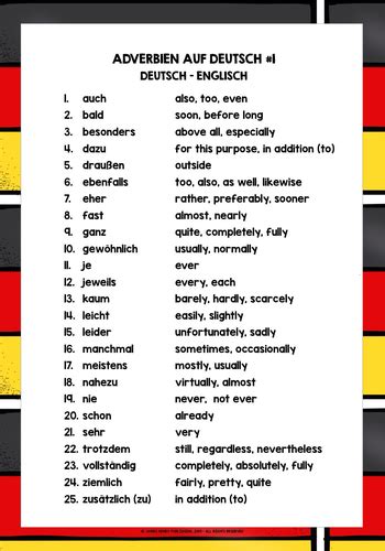 German Adverbs List Freebie 1 Teaching Resources