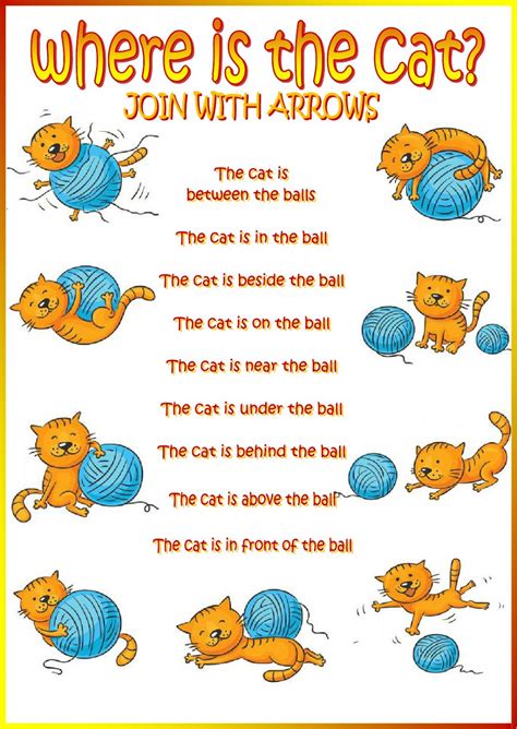 Prepositions are words which indicate direction, time, location and spatial relationships, among other things. Where is the cat? - Interactive worksheet