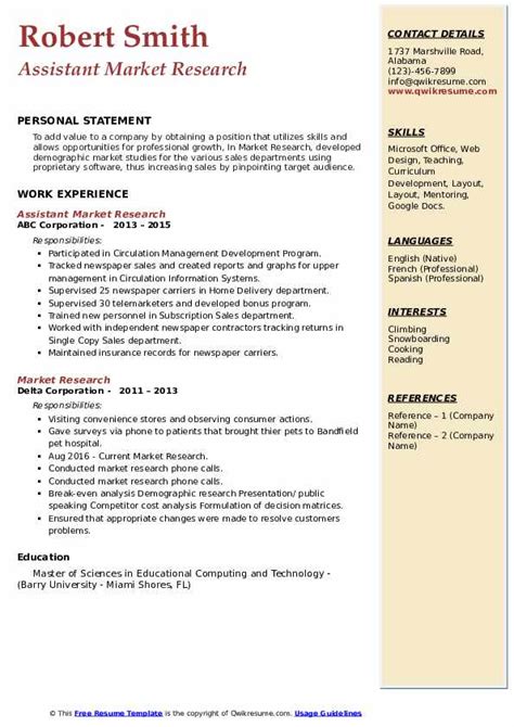 The power of a great marketing resume header. Market Research Resume Samples | QwikResume