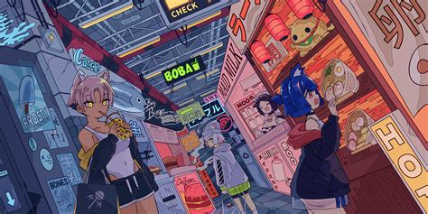Wallpaper Anime Girls Cat Girl Bubble Tea Market Ramen Cow Girl