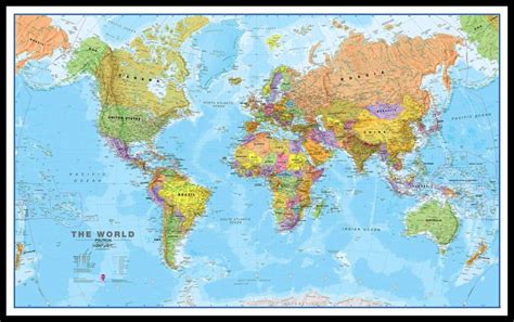 Large World Wall Map Political Canvas Floater Frame Black