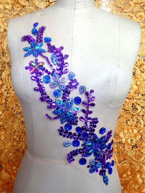 Handmade 42 11cm Sew On Rhinestones Applique Purple Crystal Patches With Stones Sequins Beads