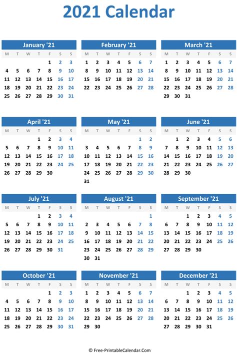 Printable 2021 Yearly Calendar With Boxes