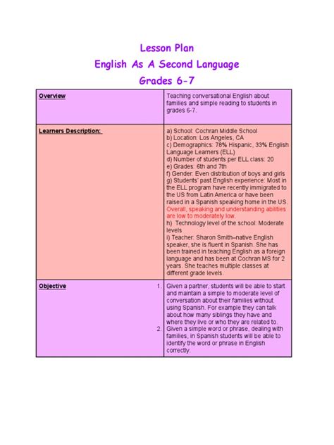 Learn japanese online with the teacher of your choice. Lesson Plan English As A Second Language Grades 6-7 ...