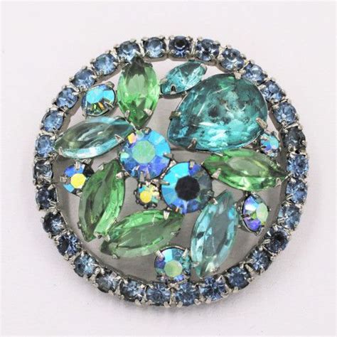 Vintage Weiss Blue Green Ab Aurora Borealis Crystal Domed Brooch Pin