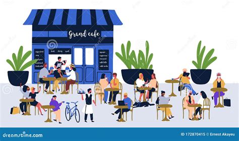 Diverse People Visitors Sitting At Street Cafe Vector Flat Illustration