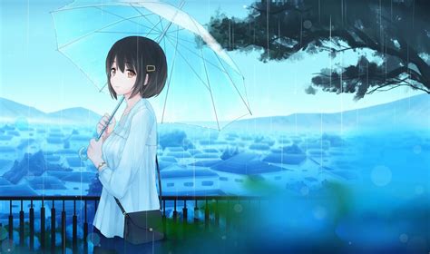 Desktop Wallpaper Rain Anime Girl Original Umbrella Hd Image