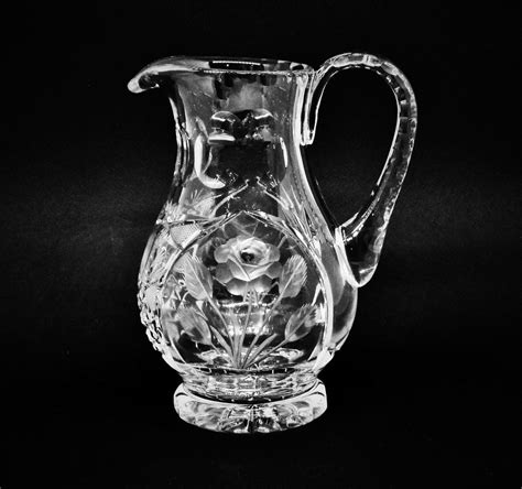 Vintage Cut Glass Pitcher With Engraved Roses 18 Oz Milk Or Etsy