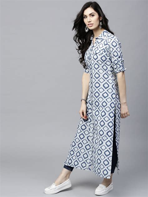 Buy Aks Women Navy And Off White Printed Straight Kurta Kurtas For