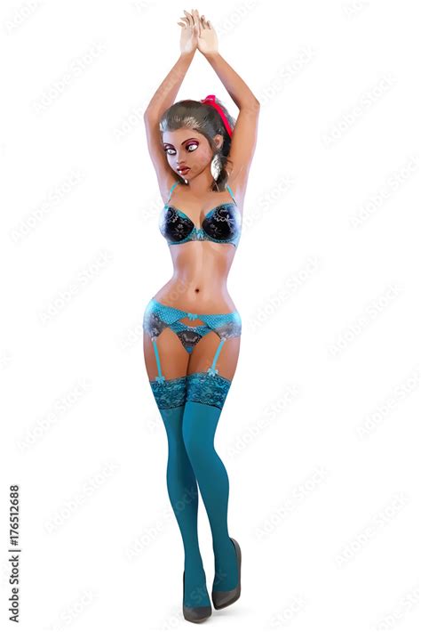 Young Black Sexy Woman Blue Lingerie And Stockings Conceptual Fashion