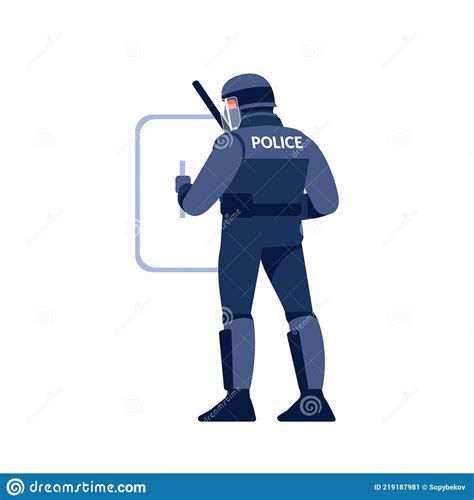 Riot Police Officer In Uniform Helmet With Shield And Baton Cartoon