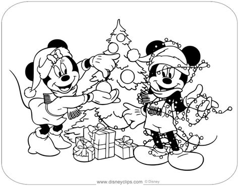 Coloring Page Of Mickey And Minnie Mouse Decorating A Christmas Tre