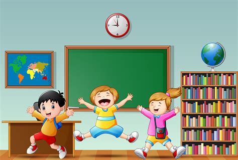 Ilustración De Dibujos Animados De Niños De Escuela Feliz Saltando En