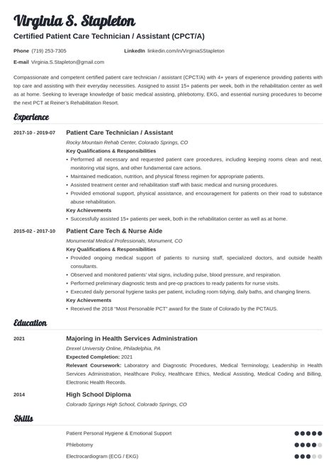 Patient Care Technician Pct Resume Sample And Skills