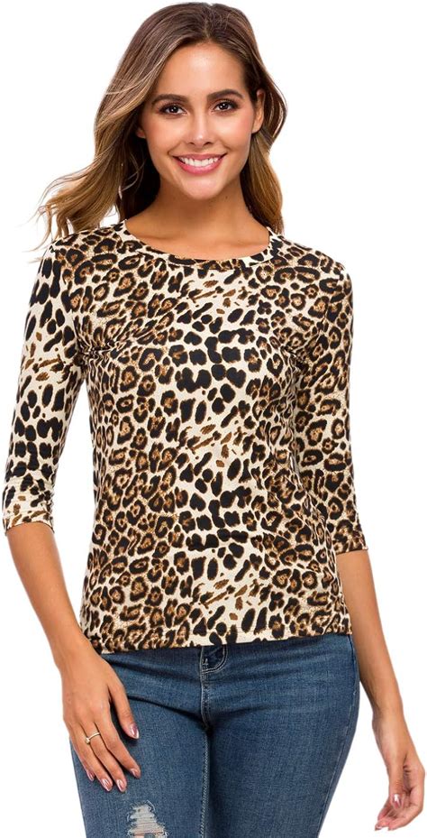 Womens 34 Sleeve Cotton Casual T Shirts Stretchy Crew Neck Slim Fit Leopard Print Blouse Tops