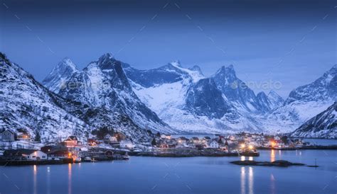 Reine At Night In Lofoten Islands Norway Winter Landscape Stock Photo