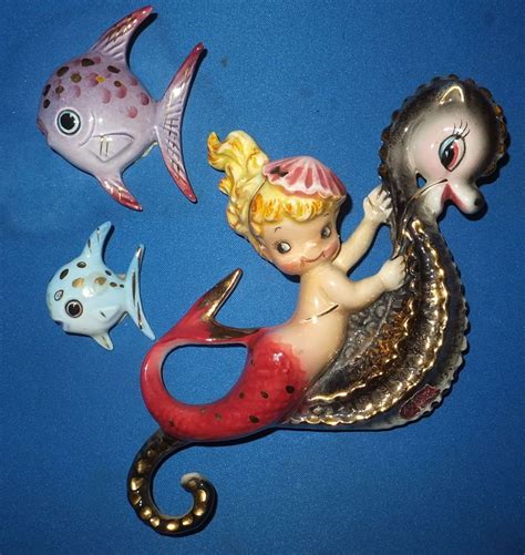 Vintage Lefton Mermaid On A Seahorse With Two Fishes Under The Sea