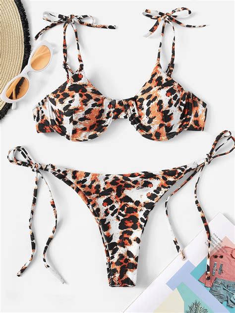 Leopard Underwire Top With Tie Side Bikini Set Romwe Side Tie Bikini Bikinis Bikini Set