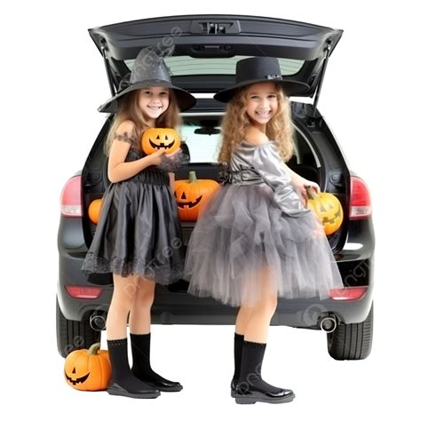 duas irmãs comemorando o halloween na mala do carro se divertindo png decorações de dia das