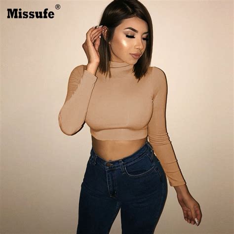 Missufe Sexy Exposed Navel Short T Shirt Women Long Sleeve Solid Tops