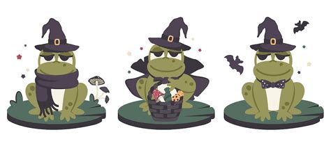 Premium Vector Happy Halloween Set Of Cute Frogs In Black Cloak And