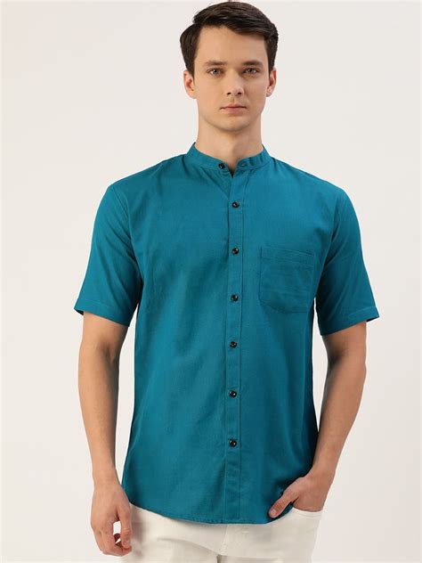 Buy Teal Linen Mandarin Collar Half Sleeves Shirt For Men Online In