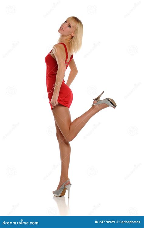 Young Blond Woman Wearing A Short Red Dress Stock Image Image Of
