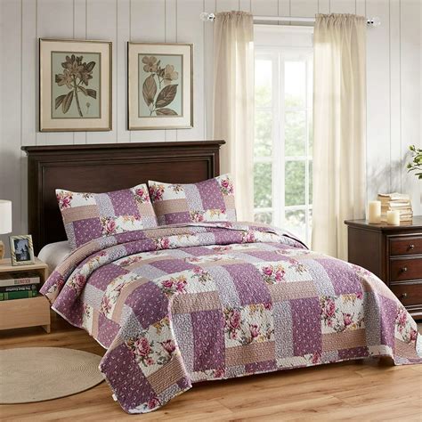 Light Purple Flowers Printed 3 Piece Quilt Bedding Set King Size Bedspread Lightweight