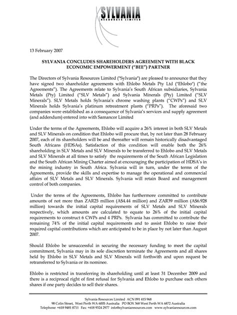 This agreement made the 15th day of september 1999 between: Sylvania Concludes Shareholders Agreement With Black Fill ...