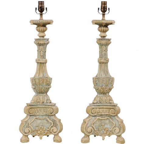 Pair Of Italian Style Ornate Hand Carved And Painted Tall Table Lamps
