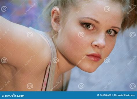 Portrait Of A Natural Blonde Teen Girl Leaned Forward Stock Photo Image Of Cute European