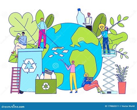 Recycling Garbage Concept Tiny People Cartoon Characters Cleaning Earth Vector Illustration