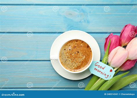 Cup Of Aromatic Coffee Beautiful Pink Tulips And Good Morning Note On