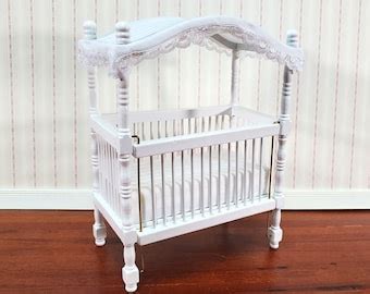 Miniature White Canopy Crib Dollhouse Miniature Furniture Scale Dollhouse Nursery Decor