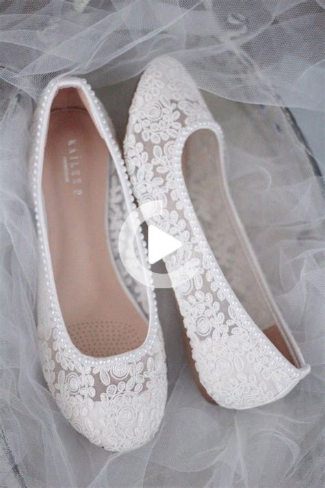 White Lace Round Toe Flats With Mini Pearls Women Wedding Shoes