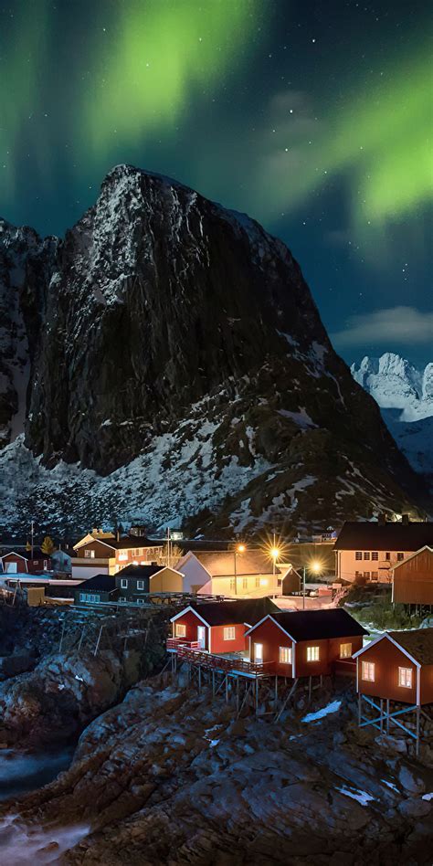 1080x2160 Lofoten Norway Village Aurora Northern Lights 4k One Plus 5t
